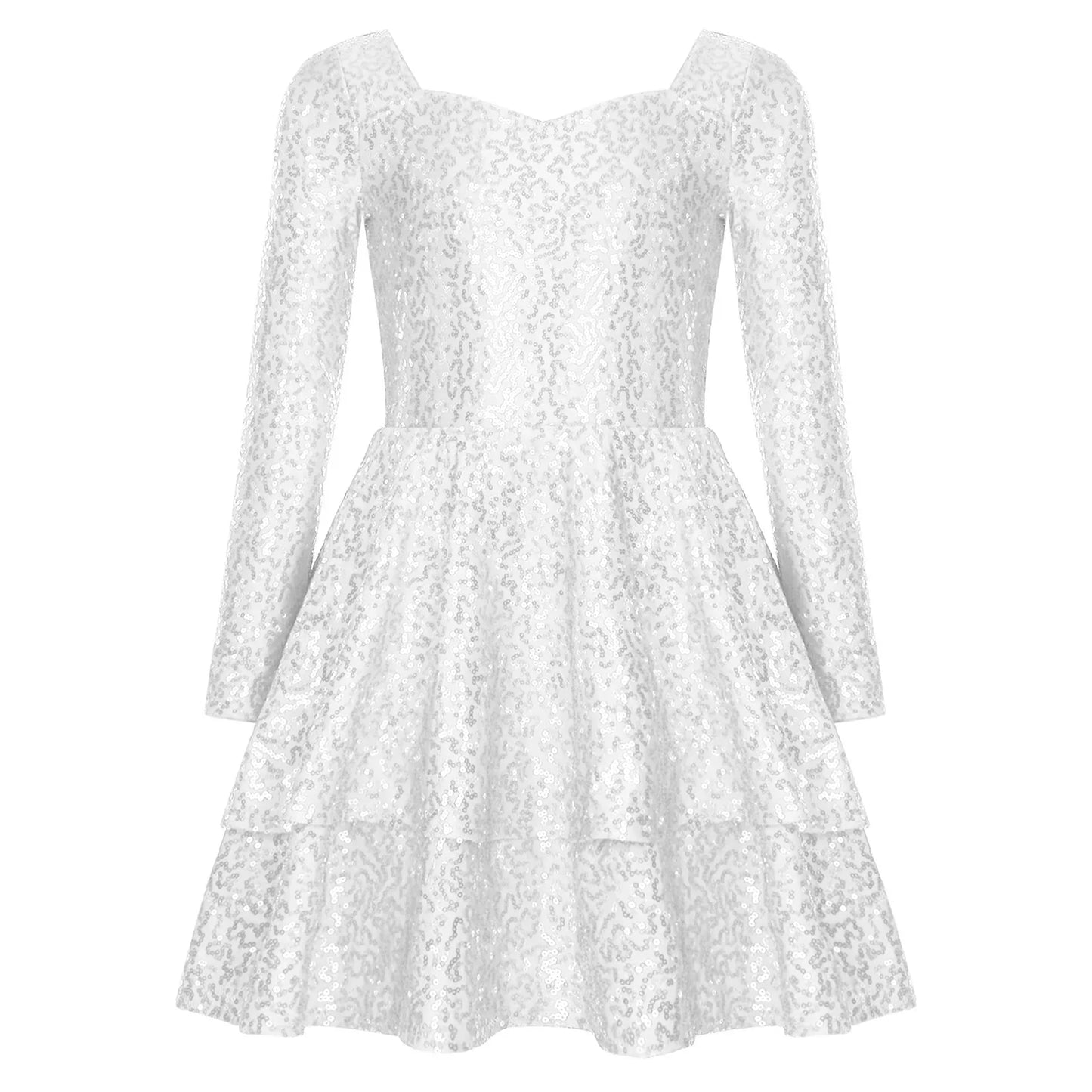 Girls Sequin Long Sleeve Double Layer Hemline Dress (Age 6-14 YRS)