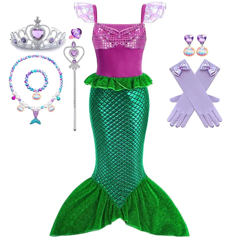 Girls Cosplay Disney Little Mermaid Ariel Prom Princess Costumes Kids Summer Casual Dress Halloween Birthday Party Dress Up 2025 G