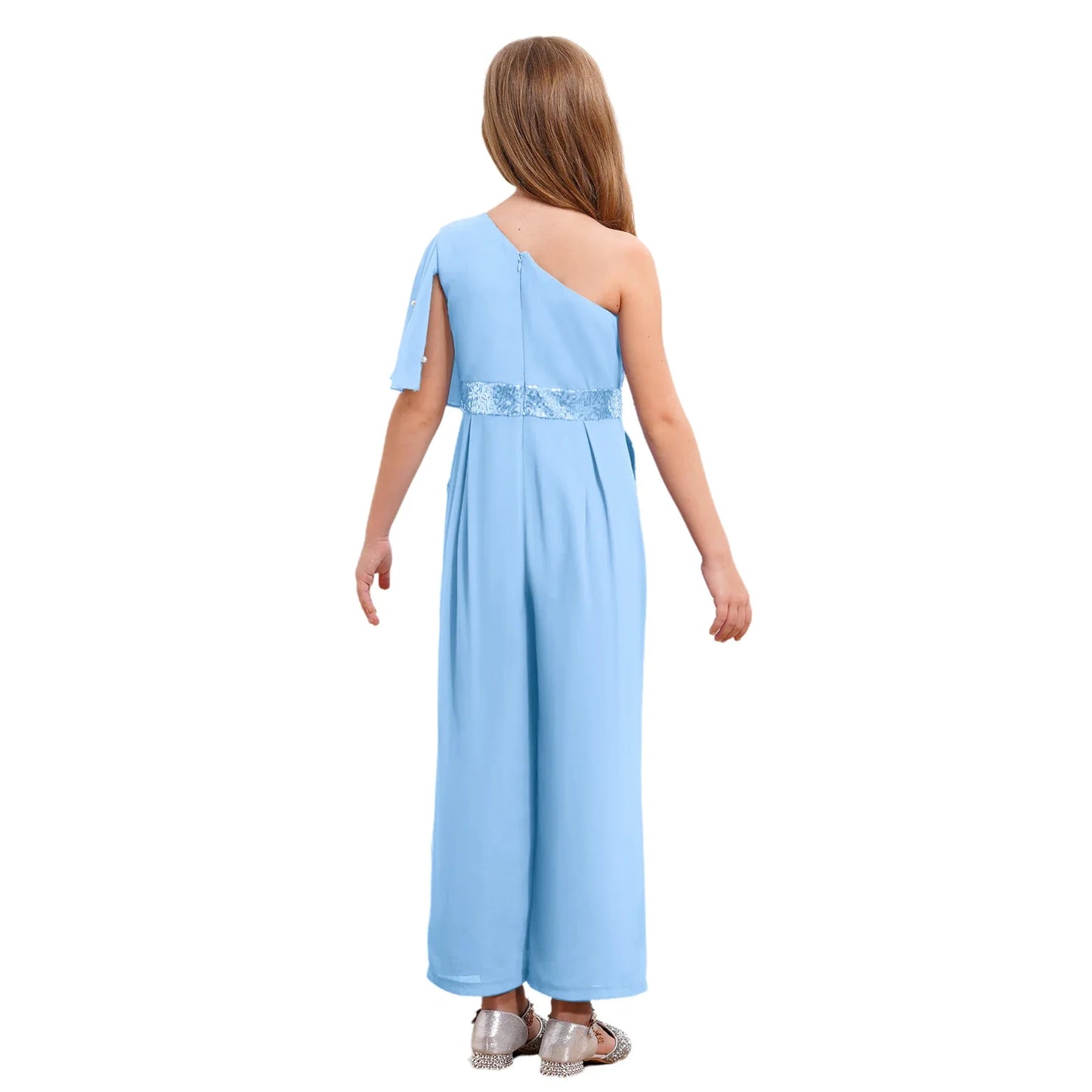 Girls One Shoulder PearlSequin Ruffled Wide Leg Jumpsuit (Age 6-14YRS)