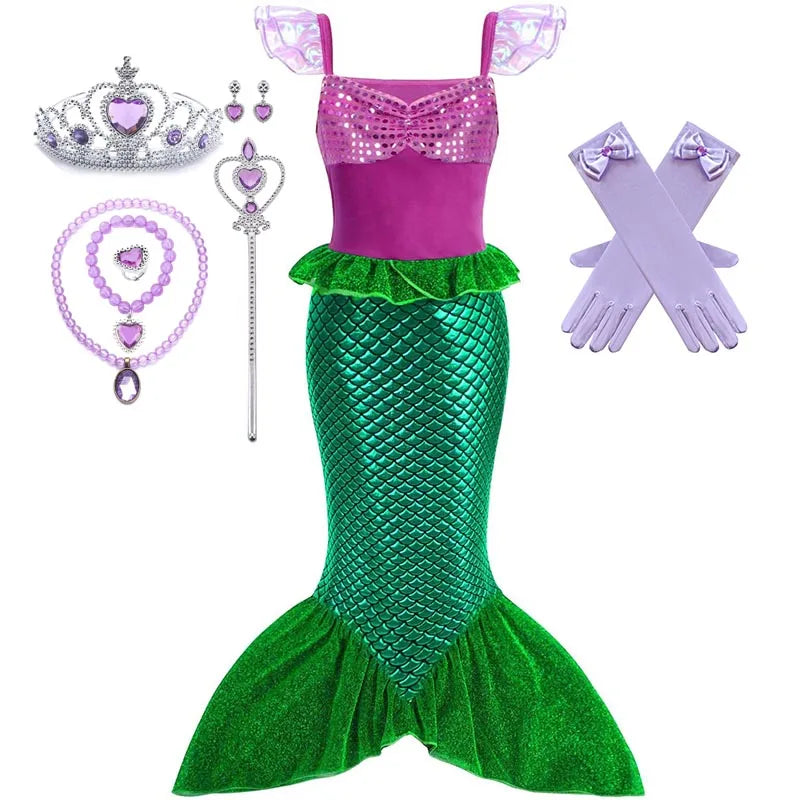 Girls Cosplay Disney Little Mermaid Ariel Prom Princess Costumes Kids Summer Casual Dress Halloween Birthday Party Dress Up 2025 H