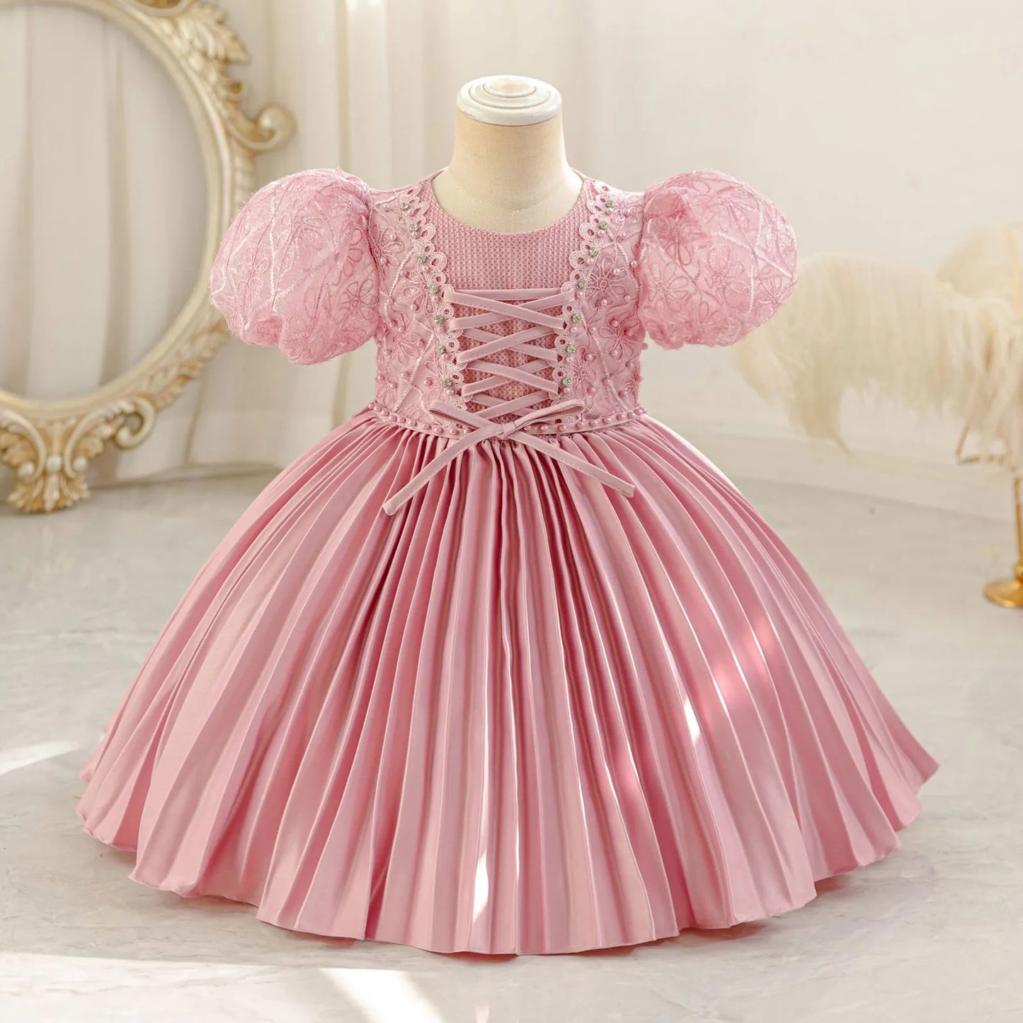 Baby Girls Princess Puff Sleeves Satin Faux Pearls Pleated Tulle Dress (9M-5YRS)