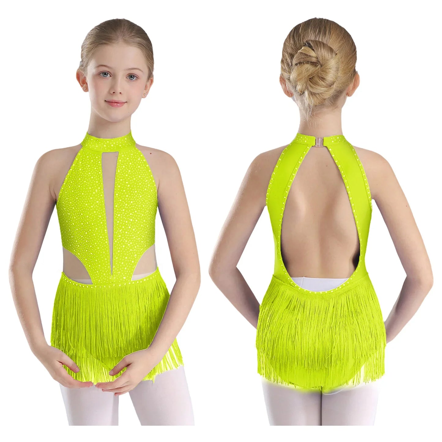 Girls Dance Costume Sleeveless Rhinestone Tassel Leotard (Age 6-16 YRS)