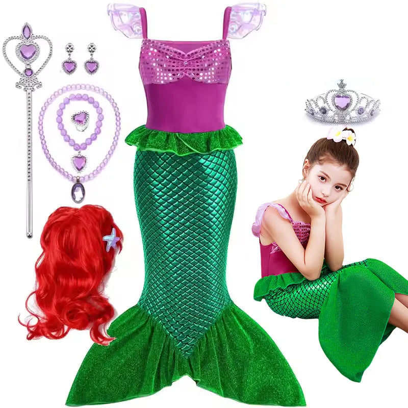 Girls Cosplay Disney Little Mermaid Ariel Prom Princess Costumes Kids Summer Casual Dress Halloween Birthday Party Dress Up 2025