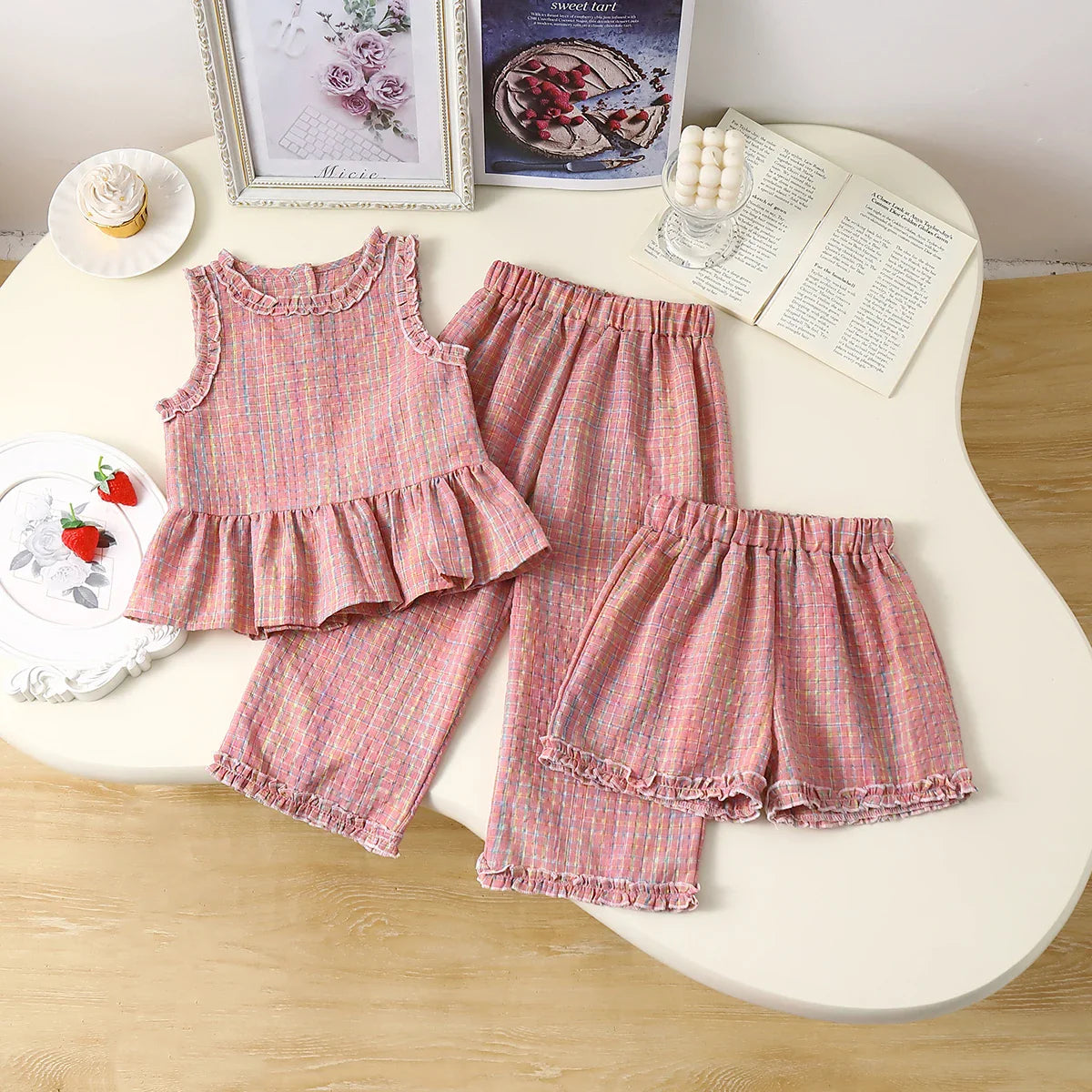 Girls/Boys Plaid Print Top & Wide Leg Trousers & Shorts Set (Age 3-7 YRS) Pink