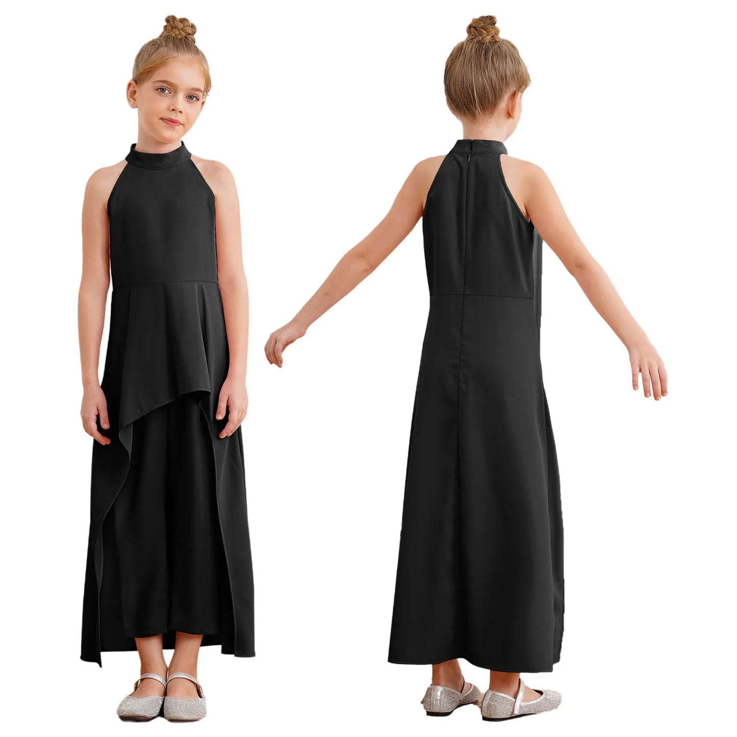 Girls Elegant Sleeveless High-Low Skirted Jumpsuit (Age 6-16YRS)