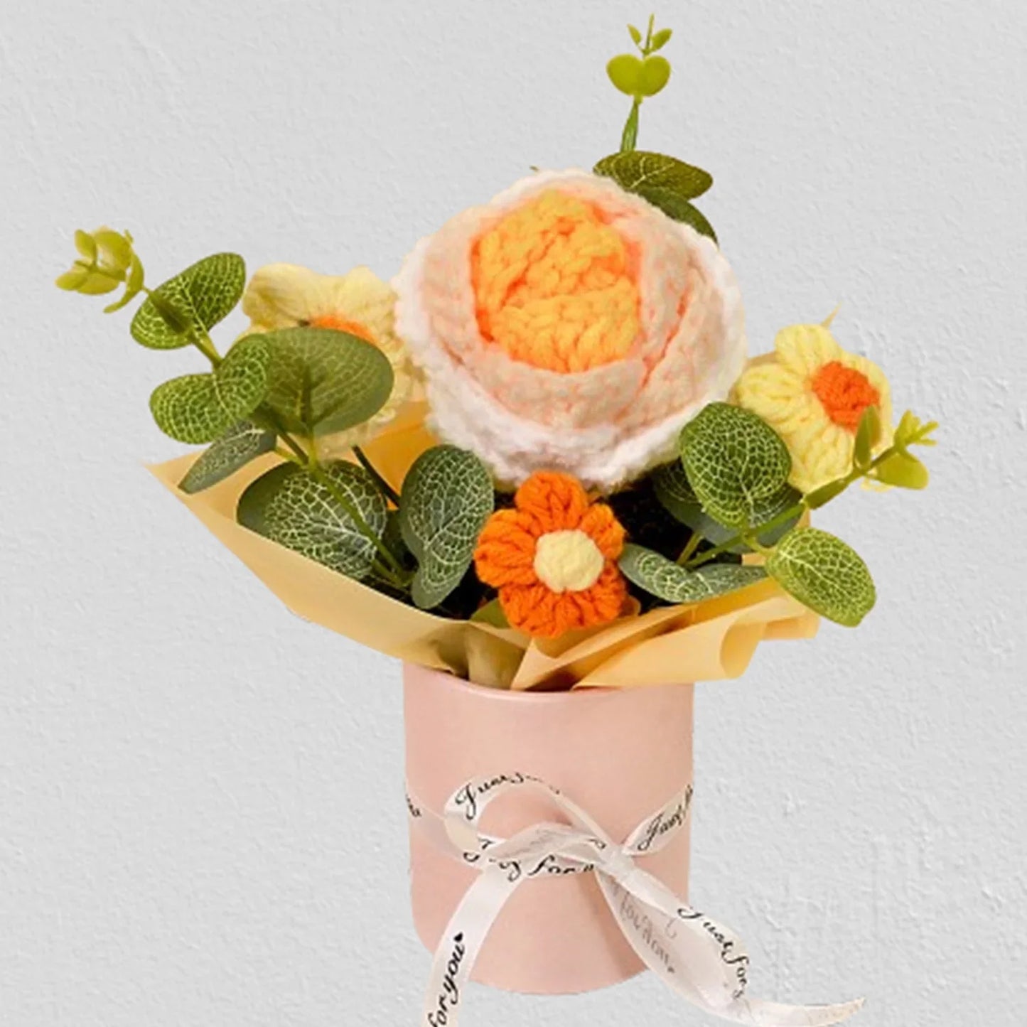 Handmade Crochet Knitted Flower Bouquet,Rose & Sunflower Bouquet - Home Decor & Gift for Woman Wife Mom Gold