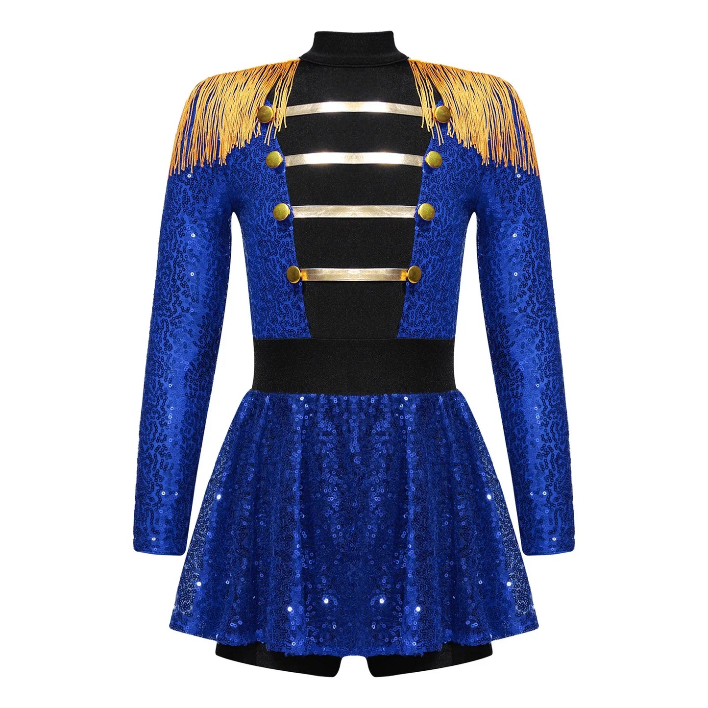 Girls Halloween Circus Ringmaster Costume Long Sleeve Sequin Leotard Dress (Age 6-14YRS)