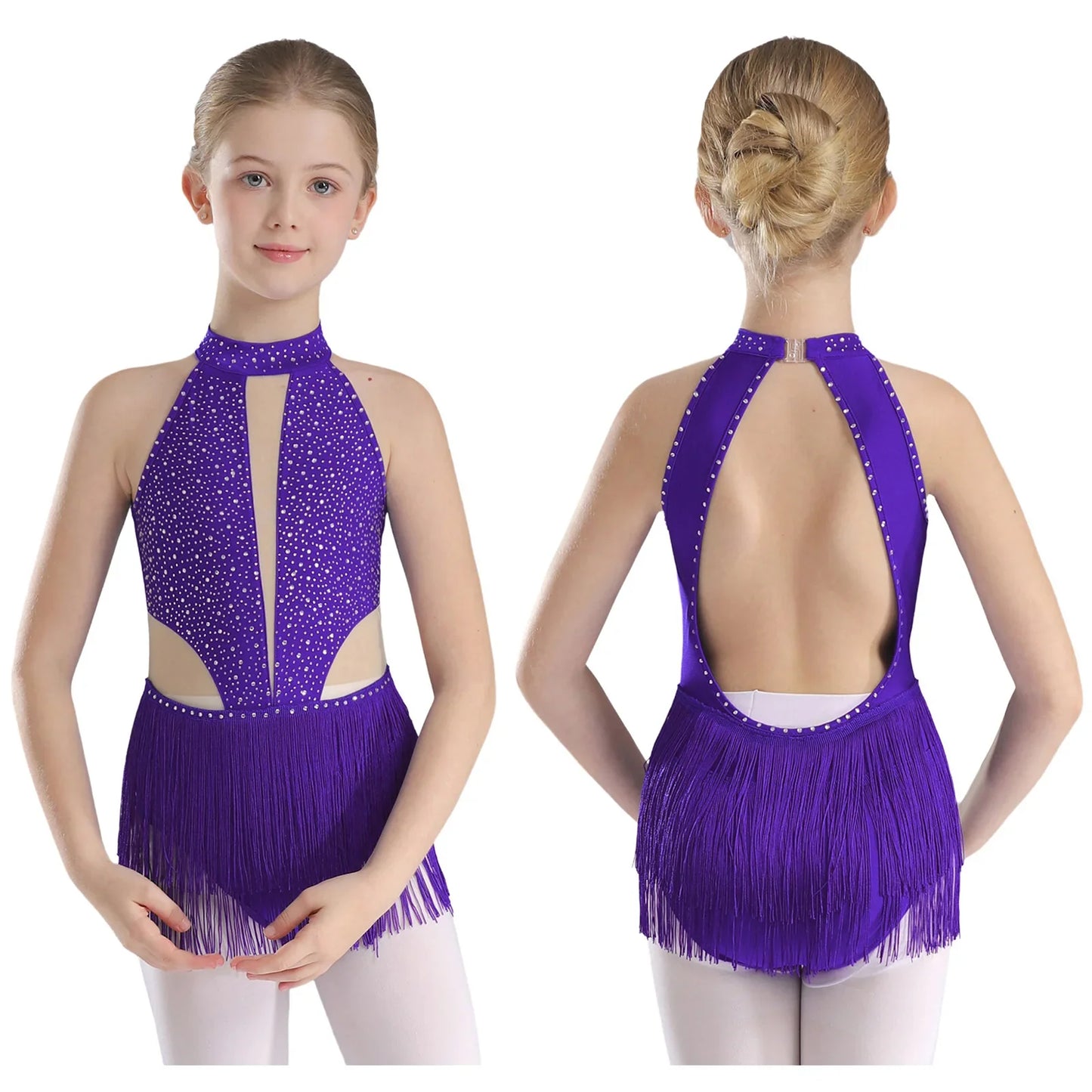 Girls Dance Costume Sleeveless Rhinestone Tassel Leotard (Age 6-16 YRS)