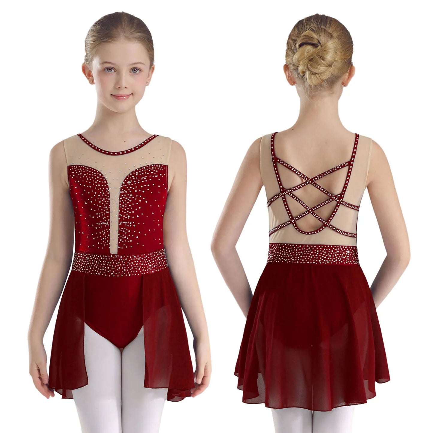 Rhinestone Gymnastics Figure Skating Dress for Teen Girls Sleeveless Sheer Mesh Tutu Ballet Leotard Lyrical Performance Costume