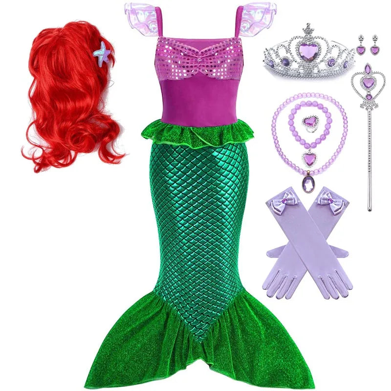 Girls Cosplay Disney Little Mermaid Ariel Prom Princess Costumes Kids Summer Casual Dress Halloween Birthday Party Dress Up 2025 I