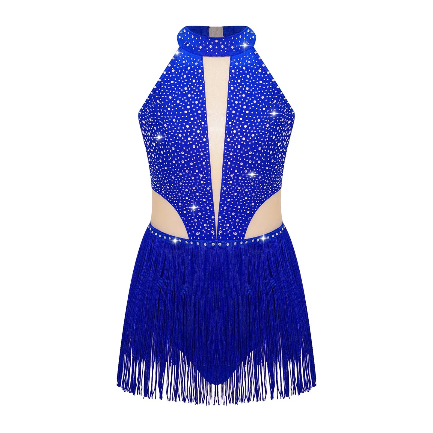 Girls Dance Costume Sleeveless Rhinestone Tassel Leotard (Age 6-16 YRS)