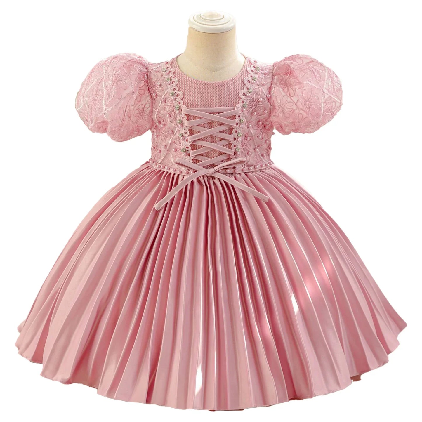 Baby Girls Princess Puff Sleeves Satin Faux Pearls Pleated Tulle Dress (9M-5YRS)
