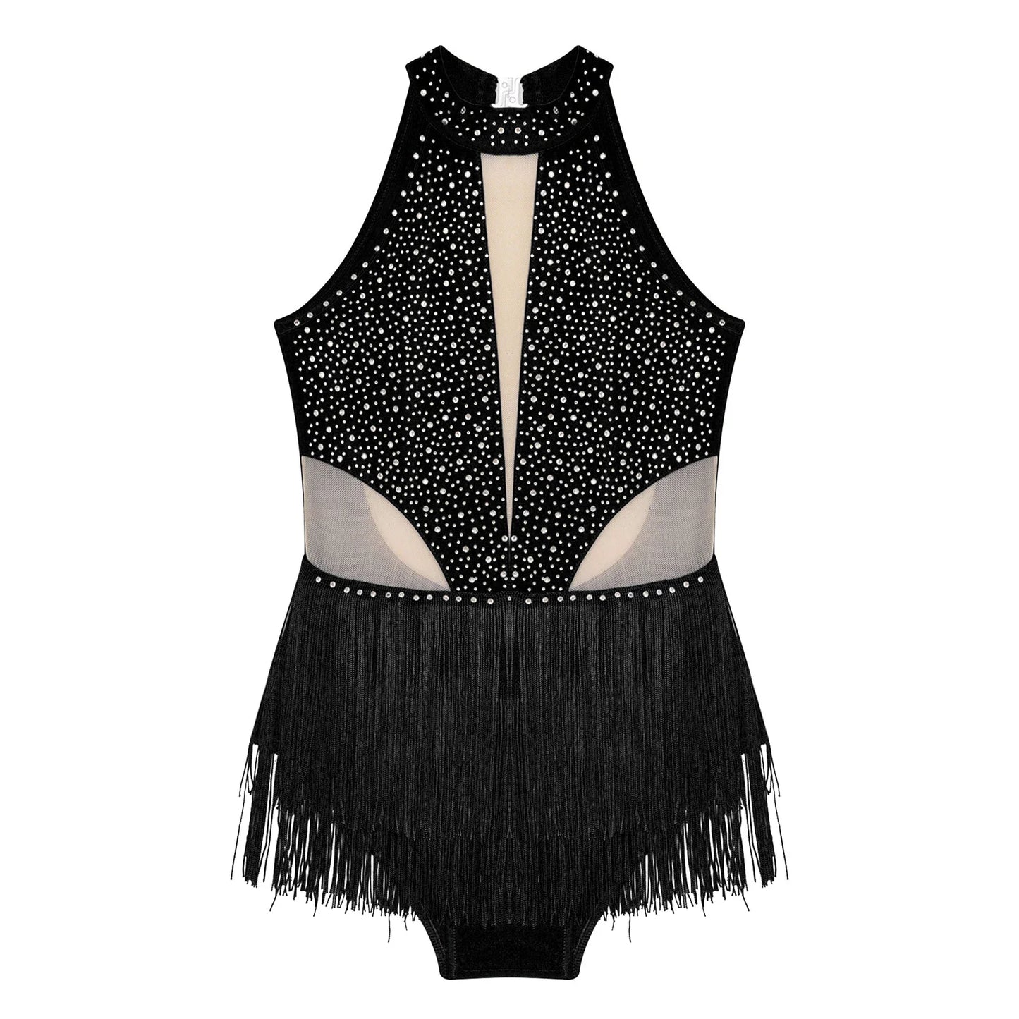 Girls Dance Costume Sleeveless Rhinestone Tassel Leotard (Age 6-16 YRS)