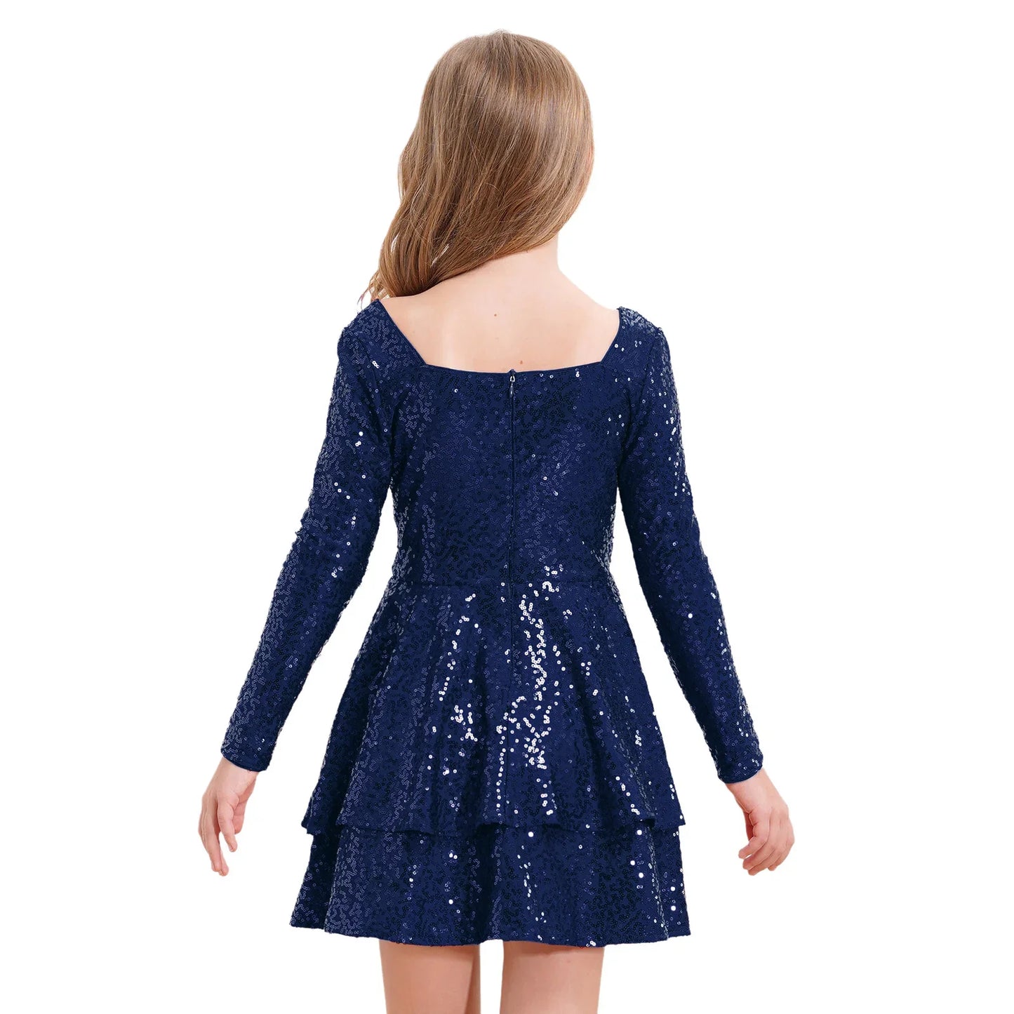 Girls Sequin Long Sleeve Double Layer Hemline Dress (Age 6-14 YRS)