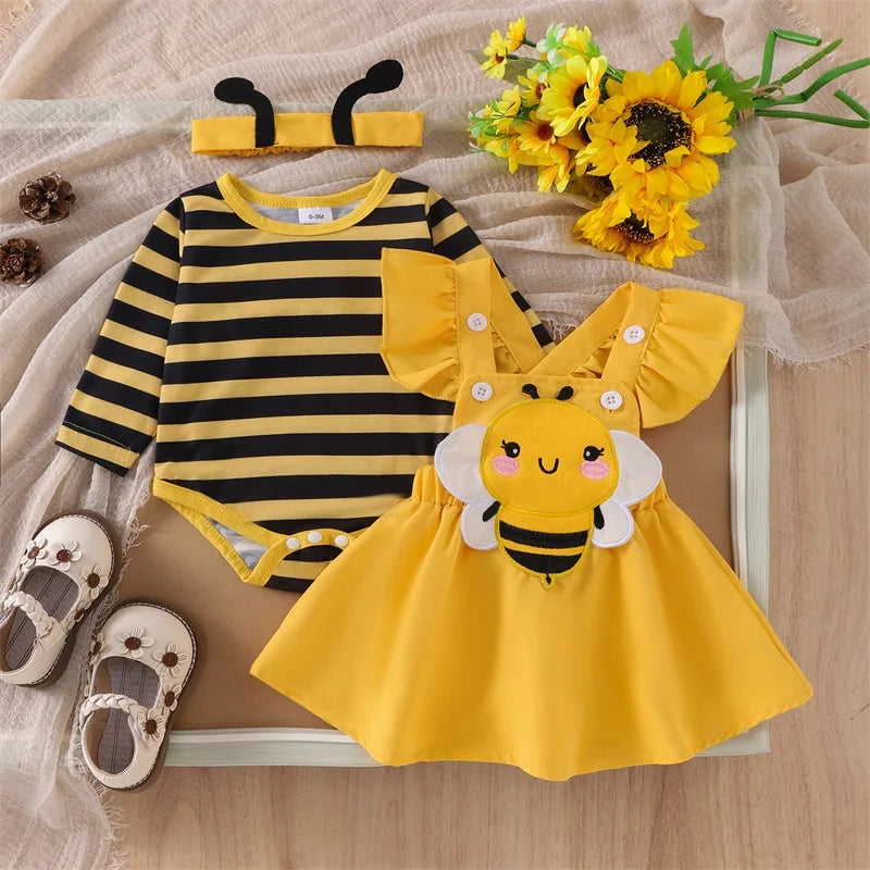 Newborn Baby Girl Halloween Outfit Long Flying Sleeve Romper Bee Suspender Skirt Dress Cute Baby Girl Fall Winter Clothes Yellow
