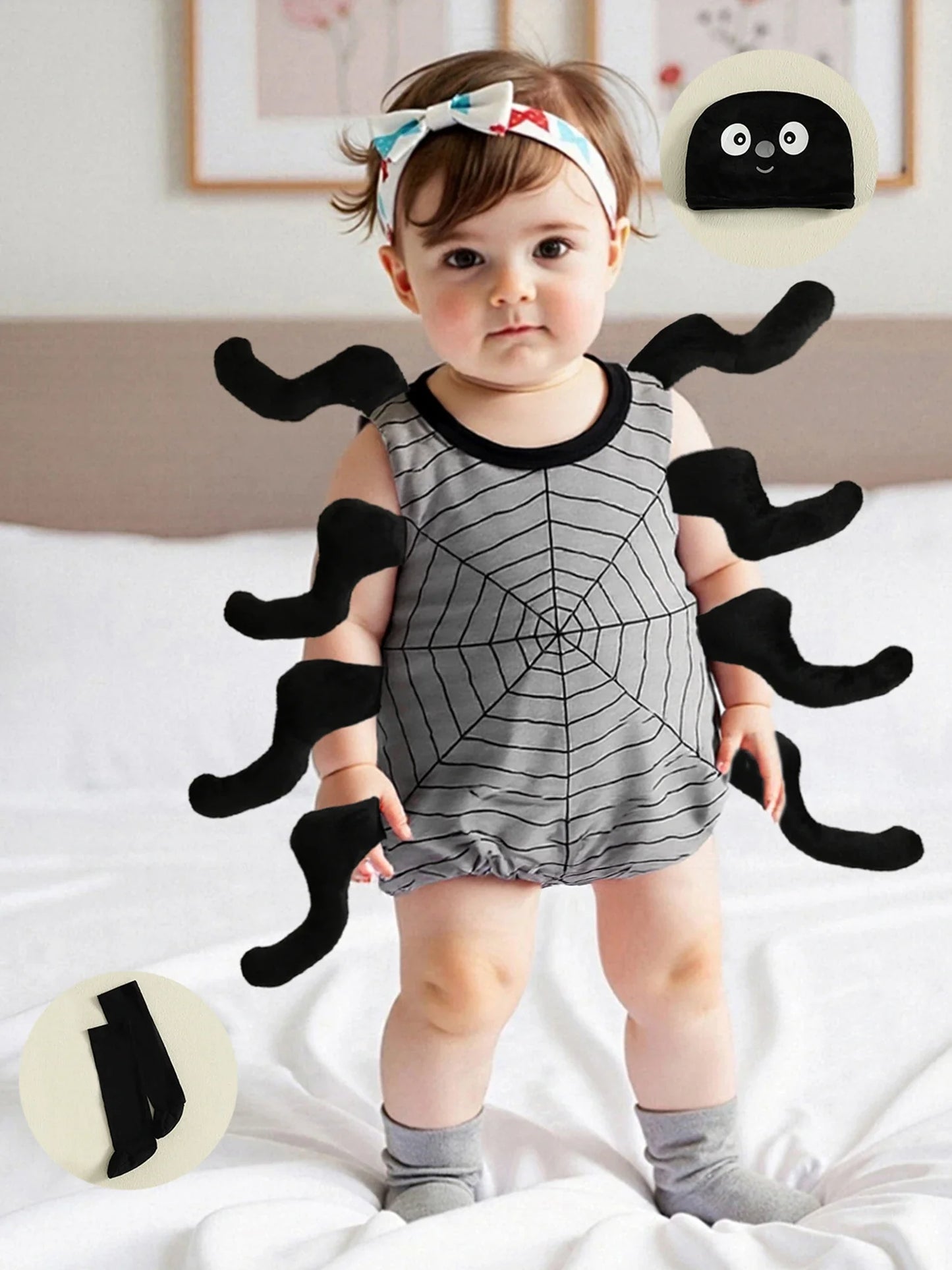 Infant Baby Boy Girl Halloween Spider Cosplay Costume Sleeveless Vest Tops Long Socks Hat 3pcs Sets Party Club Toddler Clothes