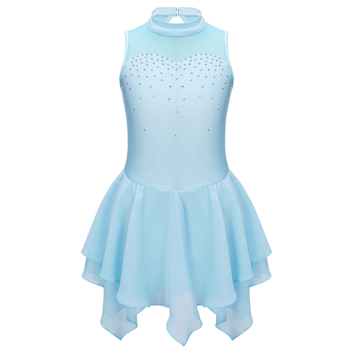 Girls Ballet Figure Skating Tutu Sleeveless Rhinestone Leotard Dress (Age 6-16 YRS)