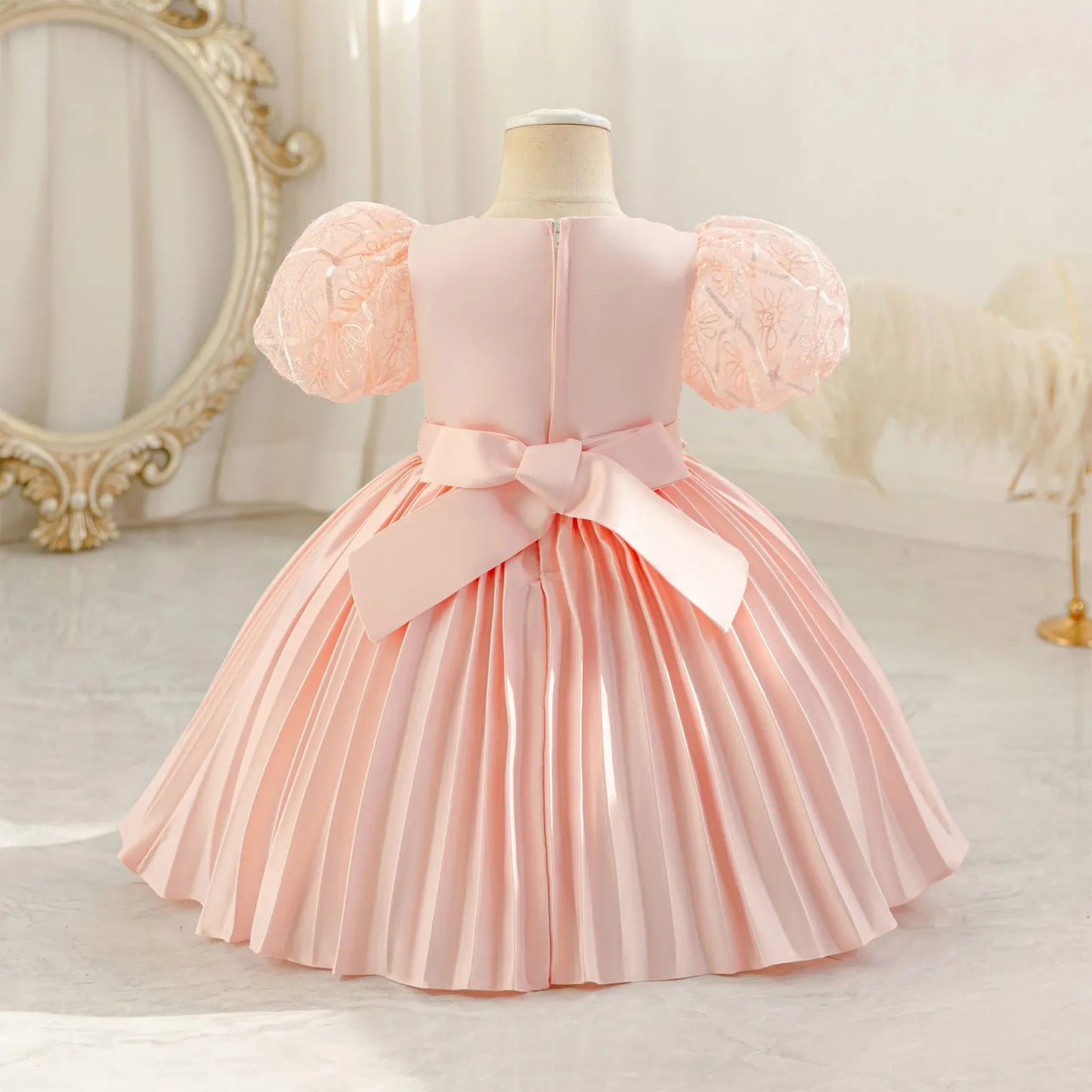 Baby Girls Princess Puff Sleeves Satin Faux Pearls Pleated Tulle Dress (9M-5YRS)