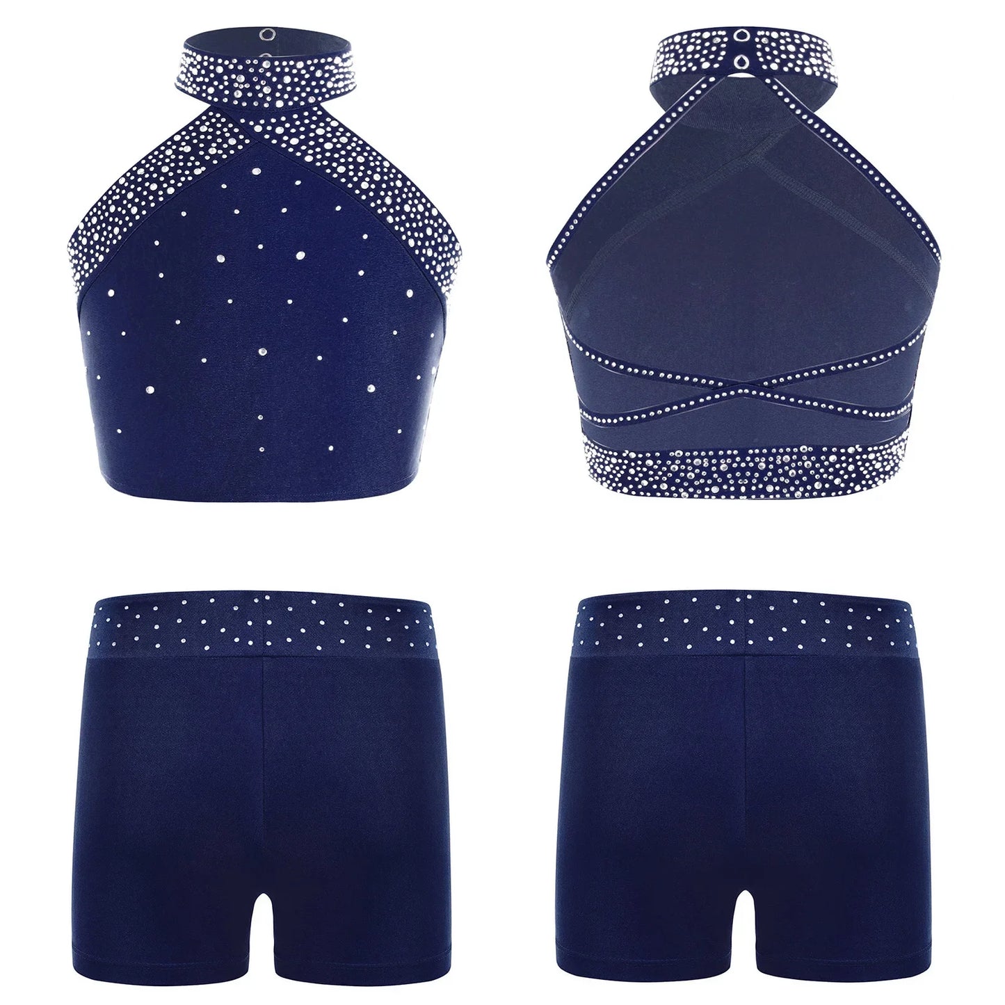 Girls Gymnastics Rhinestones Sleeveless Tops & Shorts Dance Costume (Age 6-16 YRS)