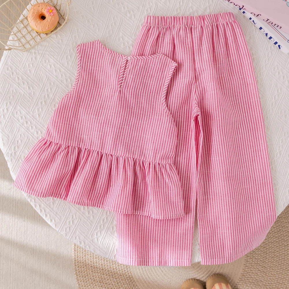 Girls Pink Stripe Bow Sleeveless Vest Top & Trousers Set (Age 3-7YRS)