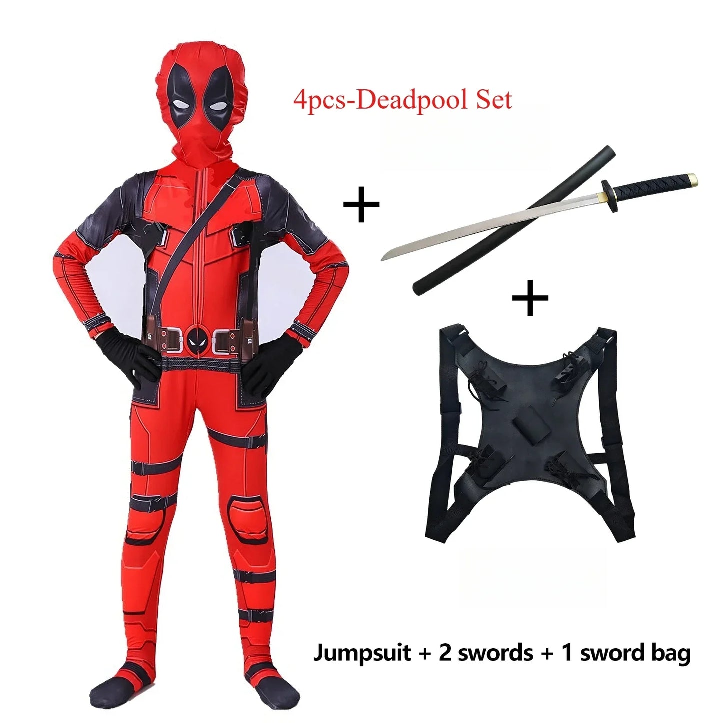Deadpool Costume Kids Superhero Deadpool Child Cosplay Costume Swords Kids Jumpsuit Deadpool Costume For Children Halloween Suit 4pcs-Deadpool Set