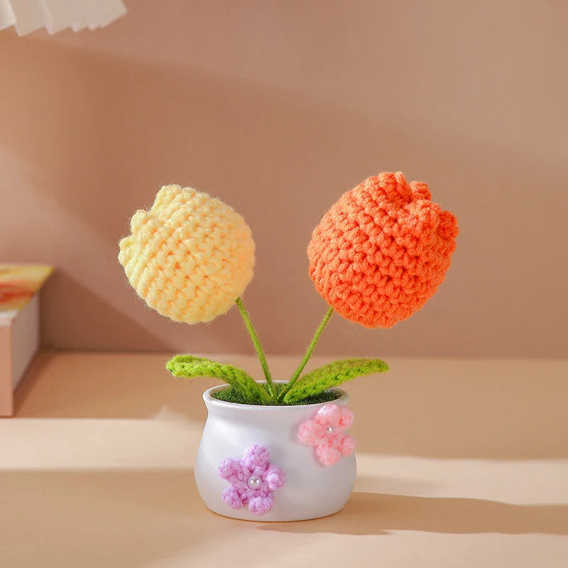 Handmade Knitted Sunflower Tuilp Flowers Desktop Ornament Decoration