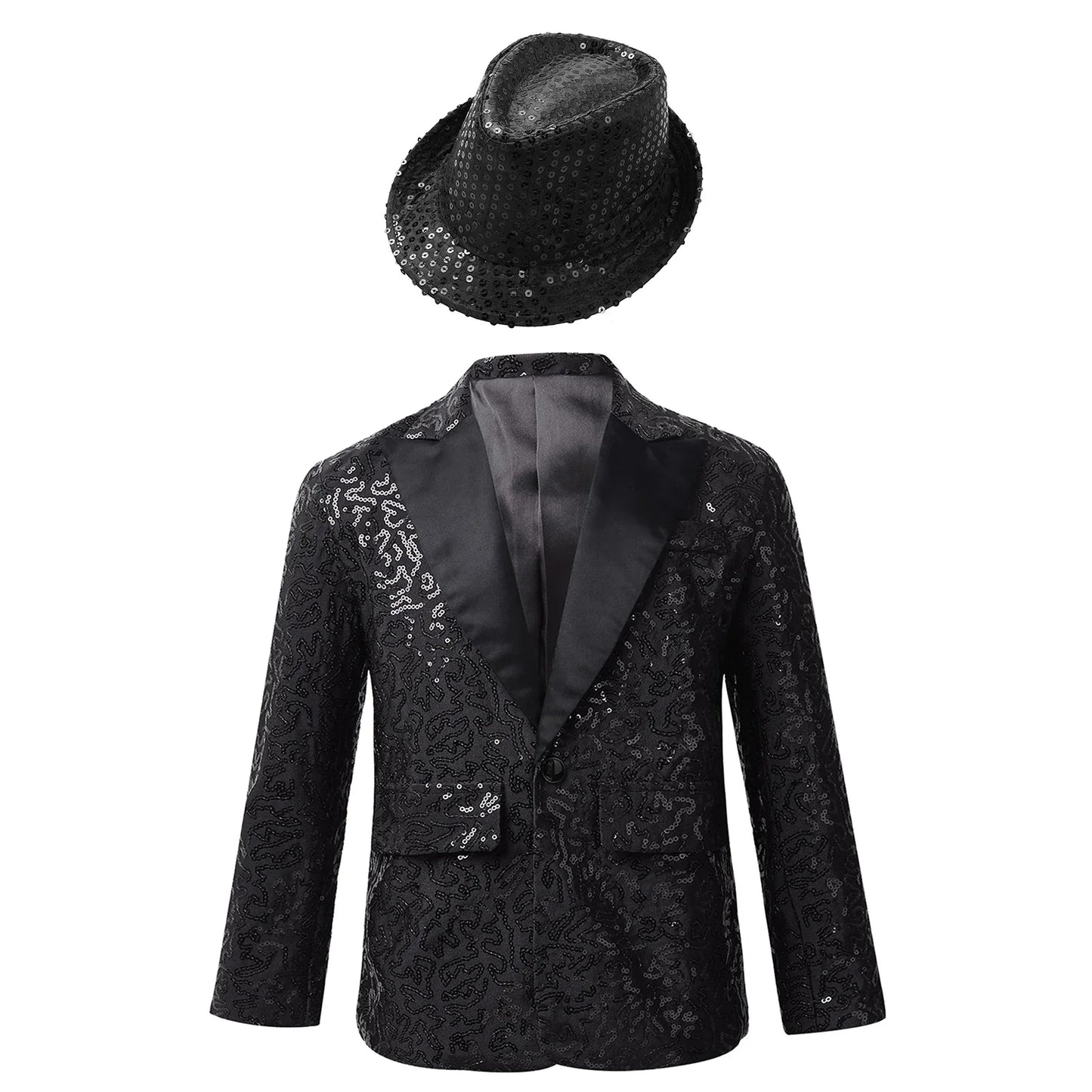 Boys Sequin Dance Tuxedo Jacket Suit & Fedora Hat (Age 6-16 YRS)