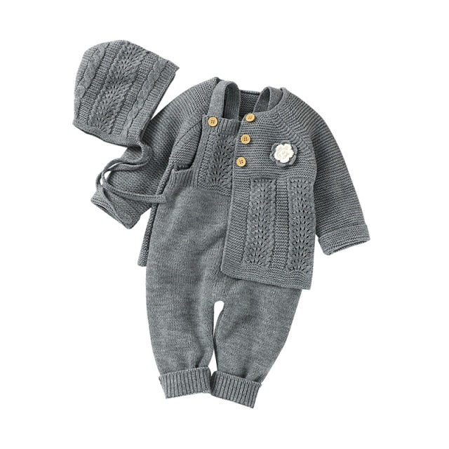 Baby Girls / Boys Knitted Romper Cardigan & Hat Set (Age 3M-18M) Grey