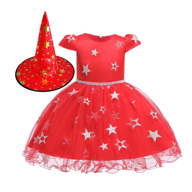 Girls Witch Halloween Costume Tulle Dress & Hat (Age Newborn-8YRS) Red