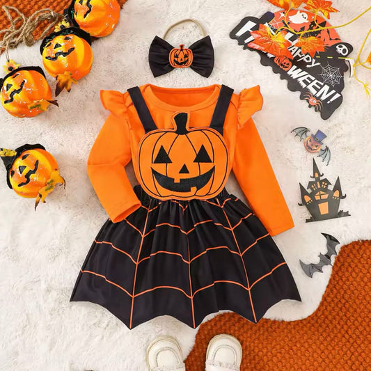 Baby Girls Pumpkin Bodysuit & Dress Halloween Costume (Age Newborn - 18M)