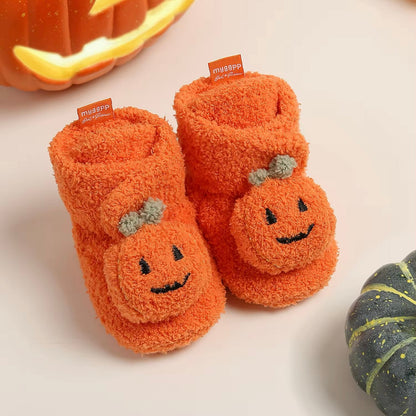 Baby Fleece Pumpkin Fluffy Halloween Booties (Age Newborn - 18M)