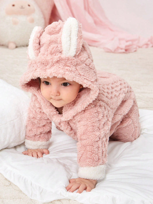 Baby Girl Teddy Jumpsuit – 3D Ear Design Hooded Zip-Up Romper | Newborn-24M Pink