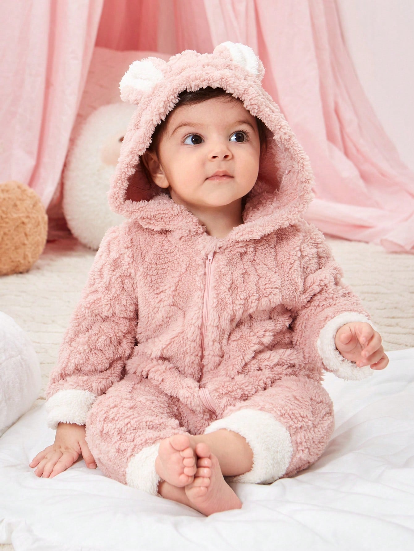 Baby Girl Teddy Jumpsuit – 3D Ear Design Hooded Zip-Up Romper | Newborn-24M