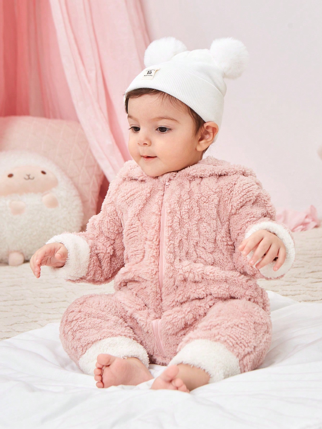Baby Girl Teddy Jumpsuit – 3D Ear Design Hooded Zip-Up Romper | Newborn-24M
