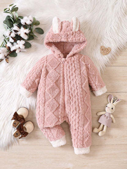 Baby Girl Teddy Jumpsuit – 3D Ear Design Hooded Zip-Up Romper | Newborn-24M
