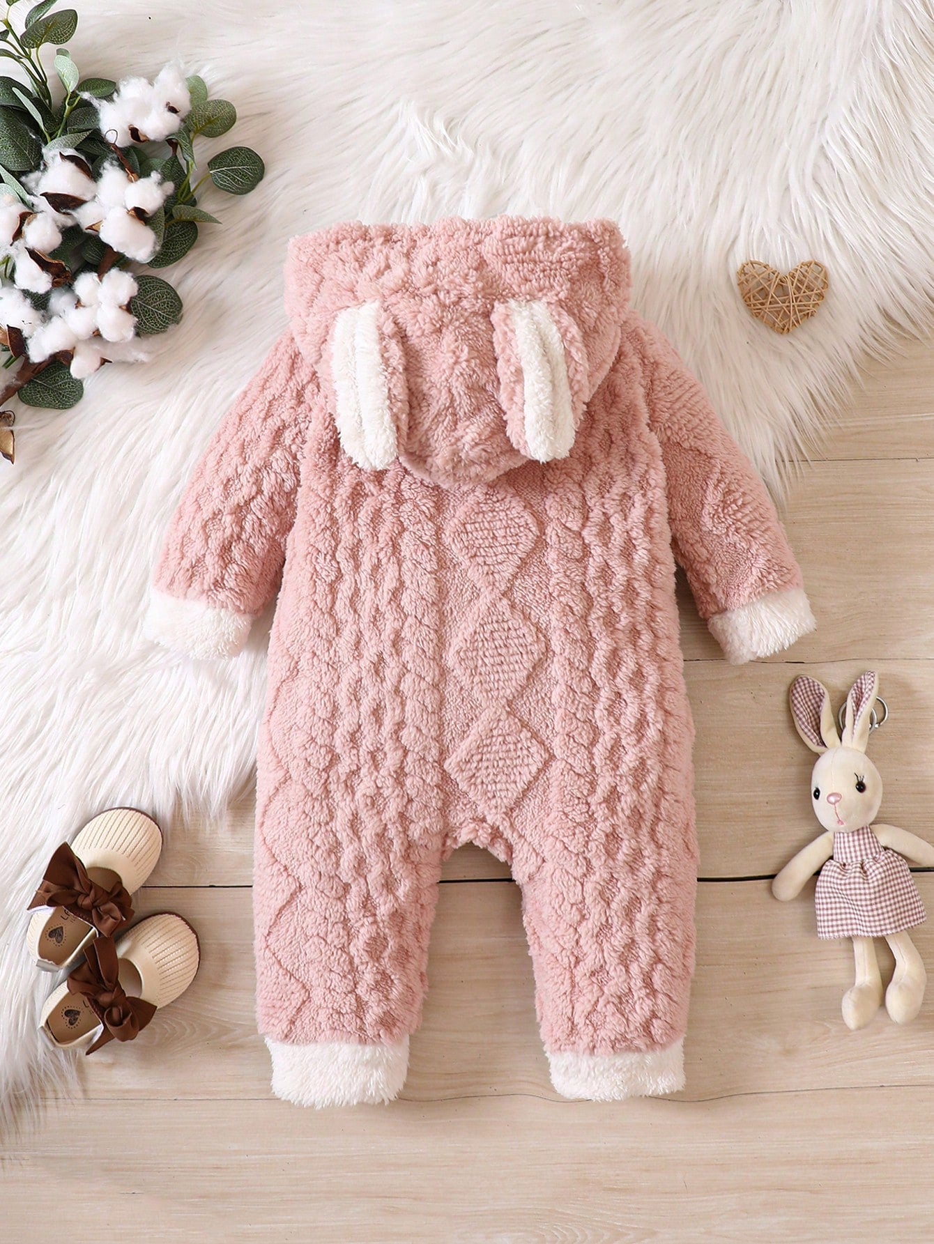 Baby Girl Teddy Jumpsuit – 3D Ear Design Hooded Zip-Up Romper | Newborn-24M
