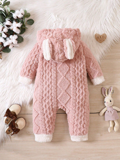 Baby Girl Teddy Jumpsuit – 3D Ear Design Hooded Zip-Up Romper | Newborn-24M