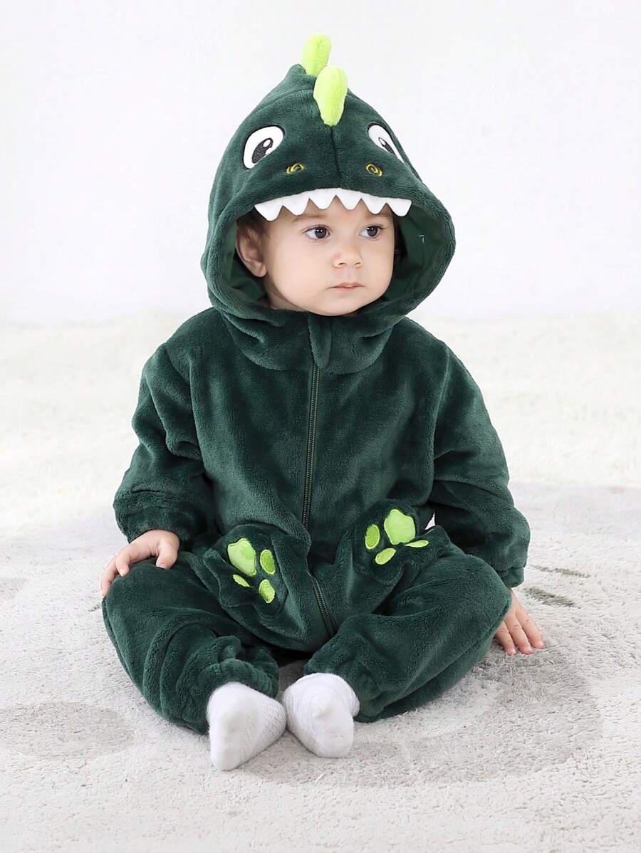 Baby Boy Long Sleeve Cute Dinosaur Romper Halloween Costume (Age Newborn-12M) Dark Green