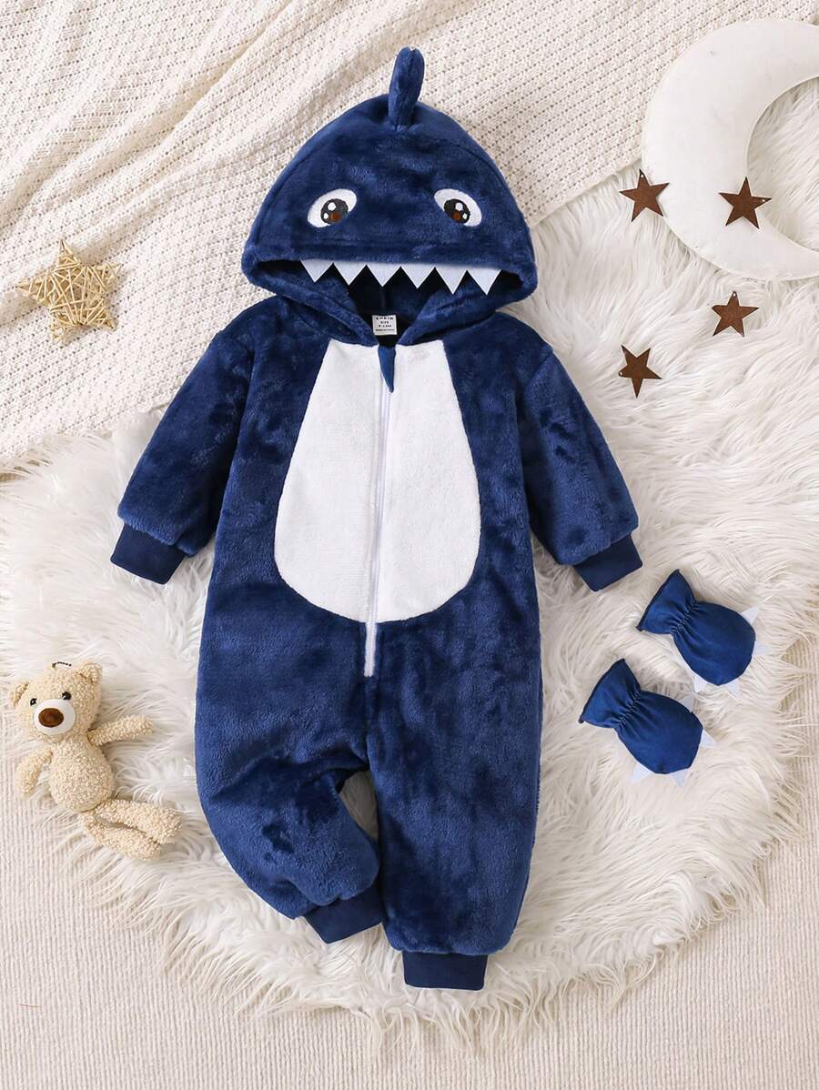 2pcs Baby Boy Gray & White Reversible Fleece Monster Paw Print Hooded Jumpsuit With Mittens, Sleepwear Set Baby Animal Costume Baby Boy Costume Baby Dinosaur Costume