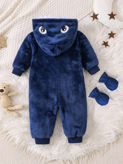 2pcs Baby Boy Gray & White Reversible Fleece Monster Paw Print Hooded Jumpsuit With Mittens, Sleepwear Set Baby Animal Costume Baby Boy Costume Baby Dinosaur Costume