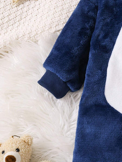 2pcs Baby Boy Gray & White Reversible Fleece Monster Paw Print Hooded Jumpsuit With Mittens, Sleepwear Set Baby Animal Costume Baby Boy Costume Baby Dinosaur Costume
