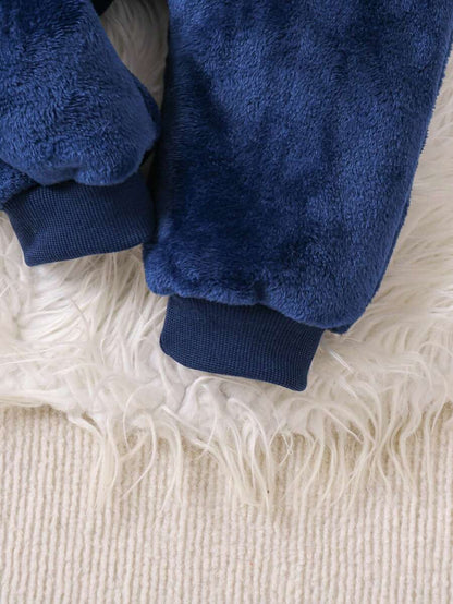 2pcs Baby Boy Gray & White Reversible Fleece Monster Paw Print Hooded Jumpsuit With Mittens, Sleepwear Set Baby Animal Costume Baby Boy Costume Baby Dinosaur Costume