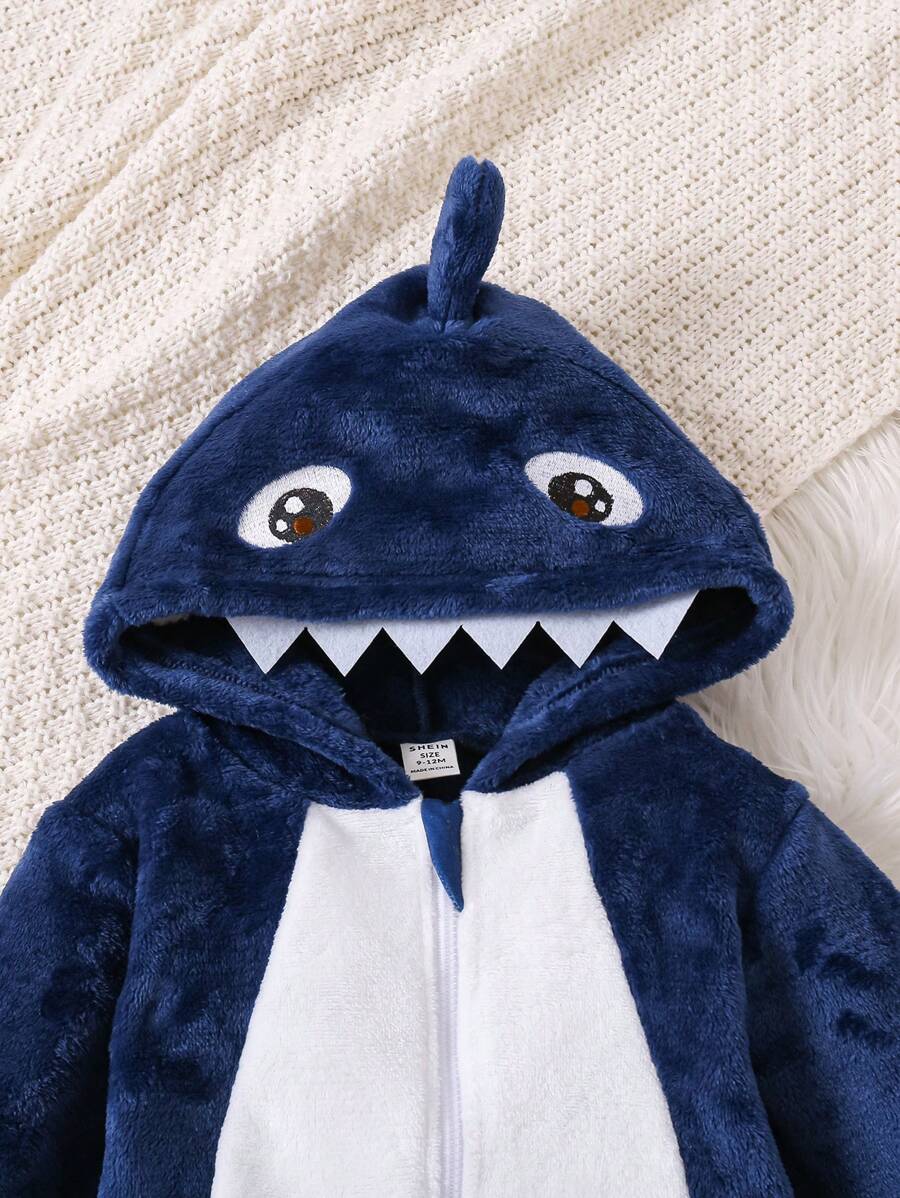 2pcs Baby Boy Gray & White Reversible Fleece Monster Paw Print Hooded Jumpsuit With Mittens, Sleepwear Set Baby Animal Costume Baby Boy Costume Baby Dinosaur Costume