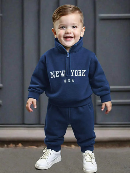Baby/Toddler Boy Casual Set – Letter Embroidery Half-Zip Top & Solid Trousers | Age 6M-3 YRS) Royal Blue