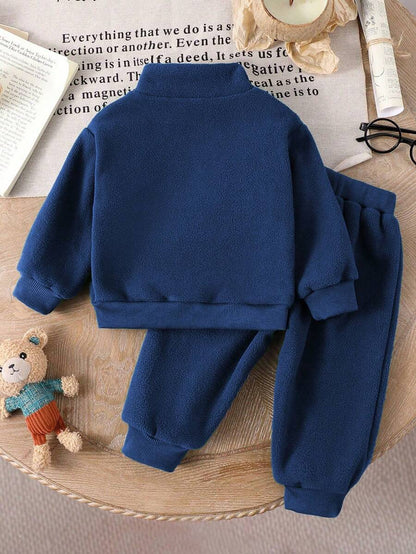 Baby/Toddler Boy Casual Set – Letter Embroidery Half-Zip Top & Solid Trousers | Age 6M-3 YRS)