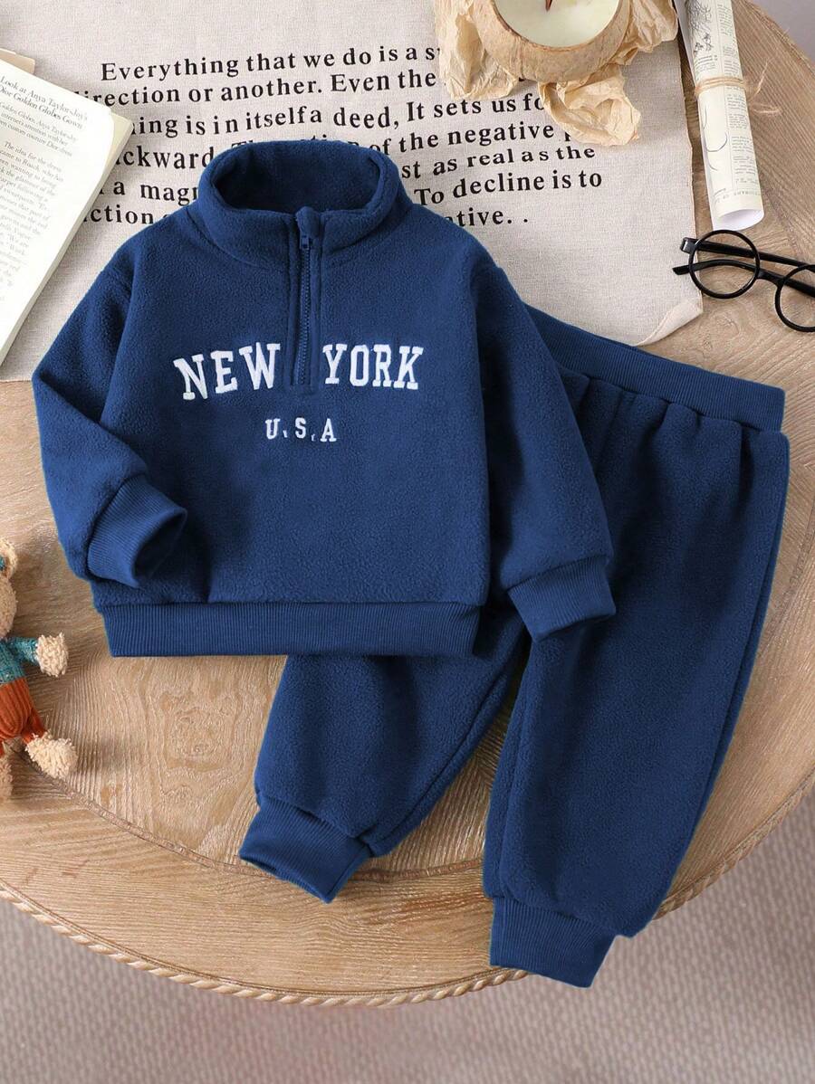 Baby/Toddler Boy Casual Set – Letter Embroidery Half-Zip Top & Solid Trousers | Age 6M-3 YRS)