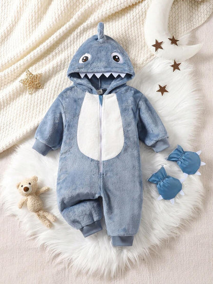 2pcs Baby Boy Gray & White Reversible Fleece Monster Paw Print Hooded Jumpsuit With Mittens, Sleepwear Set Baby Animal Costume Baby Boy Costume Baby Dinosaur Costume