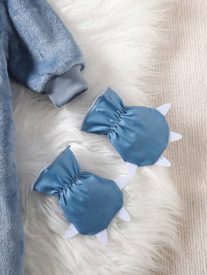 2pcs Baby Boy Gray & White Reversible Fleece Monster Paw Print Hooded Jumpsuit With Mittens, Sleepwear Set Baby Animal Costume Baby Boy Costume Baby Dinosaur Costume