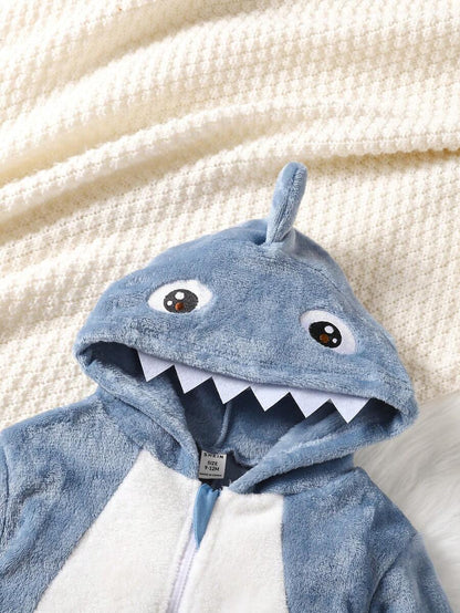 2pcs Baby Boy Gray & White Reversible Fleece Monster Paw Print Hooded Jumpsuit With Mittens, Sleepwear Set Baby Animal Costume Baby Boy Costume Baby Dinosaur Costume