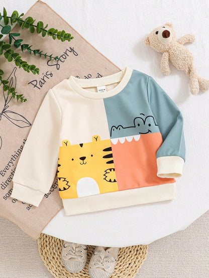 Toddler Boys Cartoon Animal Print Sweatshirt – Colorblock Long Sleeve Pullover | Ages 9M–3Y